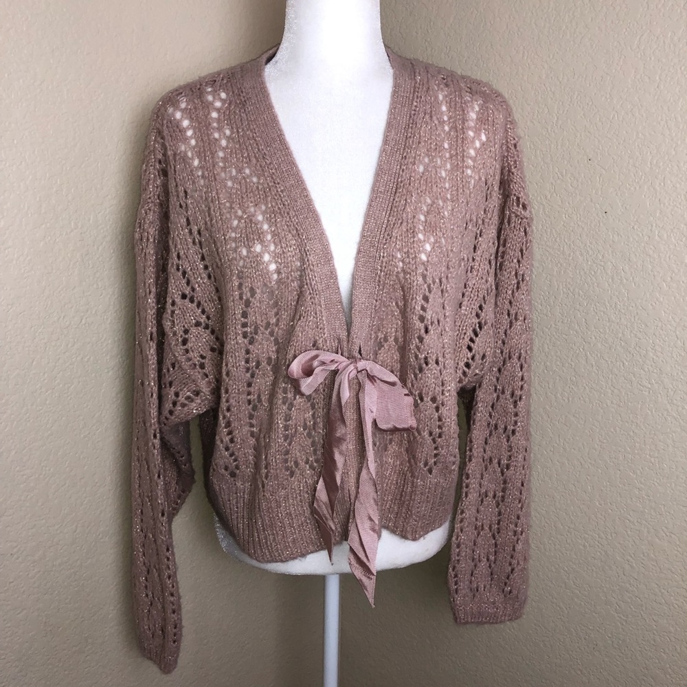 Victoria's Secret Large Crop Knit Crochet Sweater Jacket Metallic Dust Pink